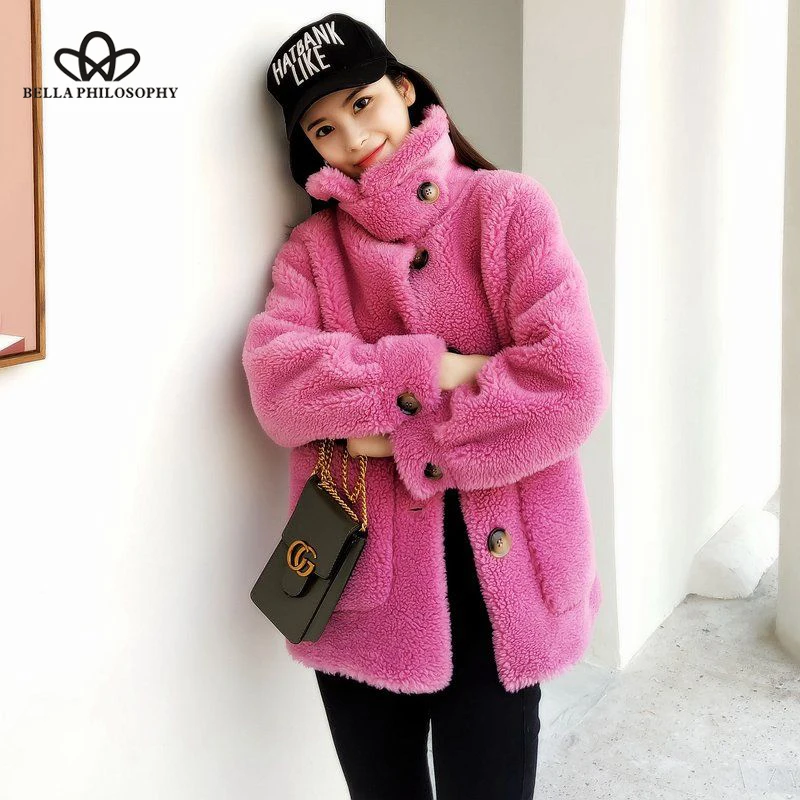 

Bella philosophy 2019 Winter Sheep Shearing Fur Jacket Women White Granular Wool Thicken Warm Female Outwears Loose Pocket Coat
