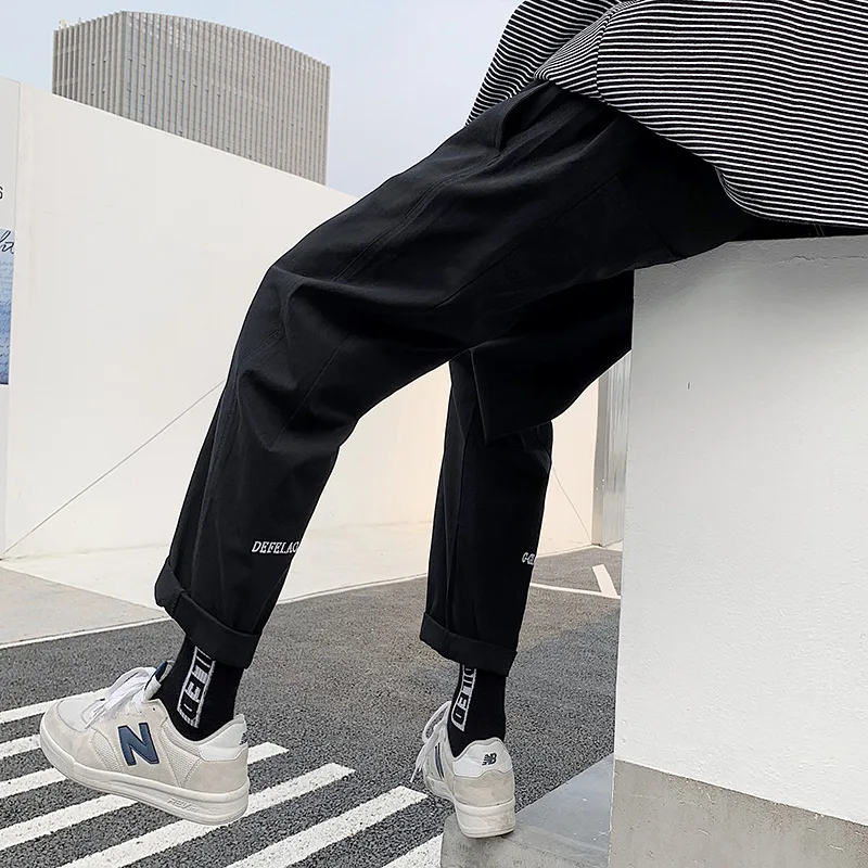 

Handsome Casual Pants Men's Japanese-style Loose-Fit Solid Color Non-Elasticity Back Pants Leg English Lettered Embroidered Pure
