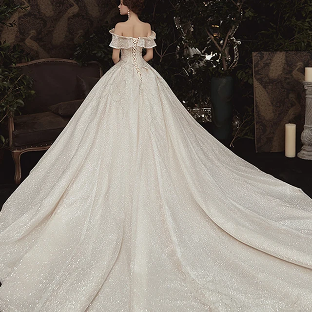 LDR29 Off-shoulder Simple Main Wedding Dress 2021 Bridal Hepburn Starry Sky Large Trailing French Style Women's Wedding Dress 4