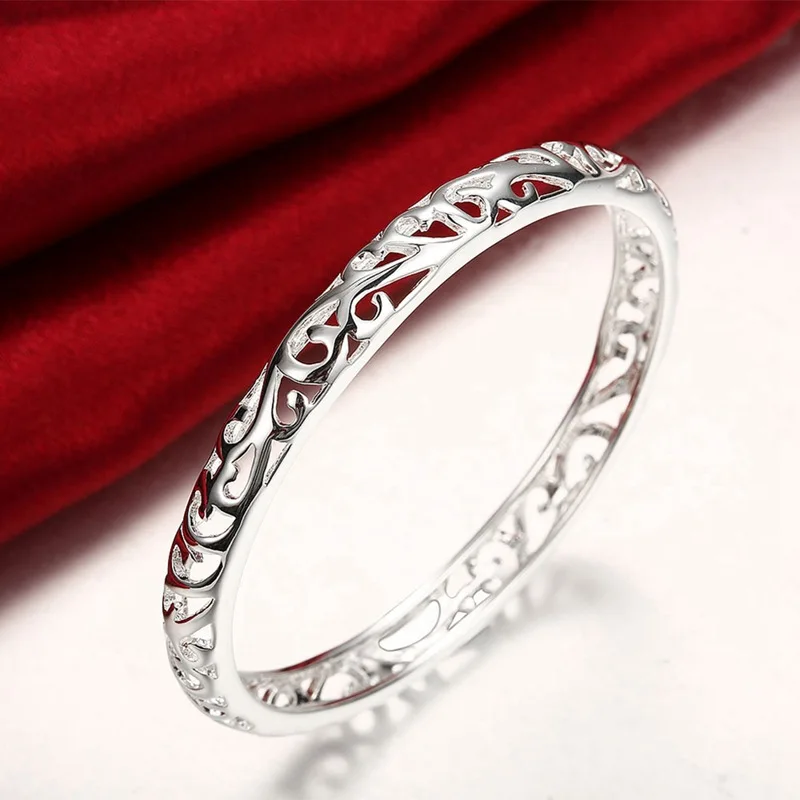 925 Sterling Silver Bangle Bracelet 925 Silver Fashion Jewelry Closed Hollow Flower Bangle /Ahnaiyua Akpajbwa