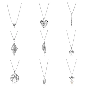 

925 Sterling Silver Pendant Necklace Crystal Heart Tree Of Life Angels Wings Clover With Pearl For Women Jewelry