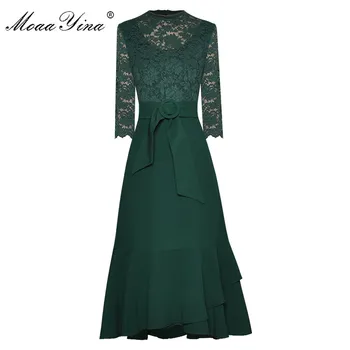 

MoaaYina Fashion Designer dress Spring Summer Women's Dress Lace Patchwork lace-up Dresses