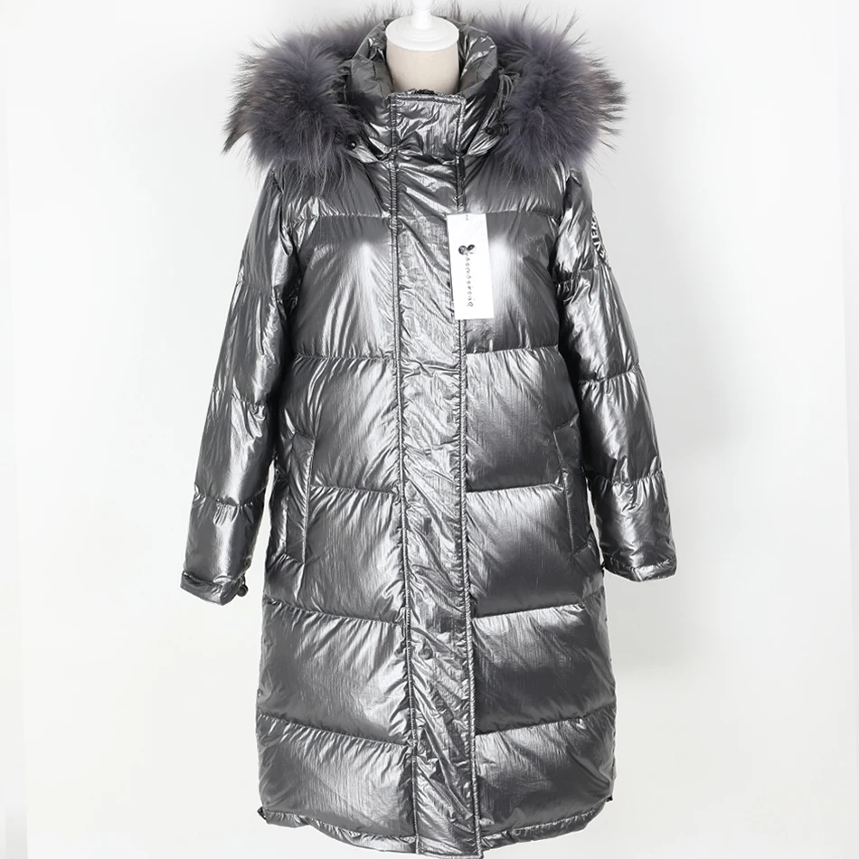 Зимняя яркая Женская одежда, натуральный мех енота, большой воротник, белый утиный пух, куртка, пальто, длинное пальто