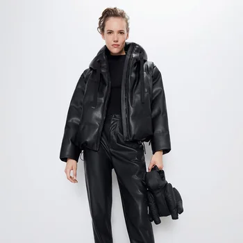 

Fashion Za Women Cotton Clothing Hooded Loose Casual Short Pu Leather Winter Jacket Coat Black Waterproof Statement Wholesale