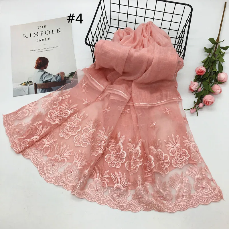 S06 peach Хлопковые двухсторонние кружевные кромки цветок ретро модные шарфы шаль мусульманский хиджаб Бисер для женщин Простой макси глушитель - Цвет: S06 peach