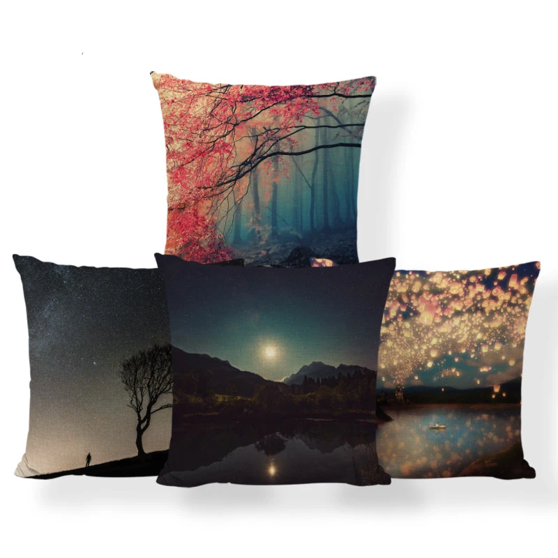 

Beautiful And Charming Landscape Cushion Set Lake Mountain Cloud Decoration Pillowcase Starry Moon Galaxy Polyester Linen Pillow