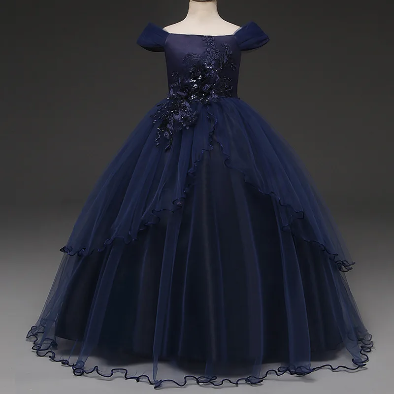 dark blue Нарядное детское кружевное платье подружки невесты для девочек; платье для свадебной вечеринки; вечернее длинное платье для девочек; элегантное детское торжественное платье принцессы - Цвет: dark blue