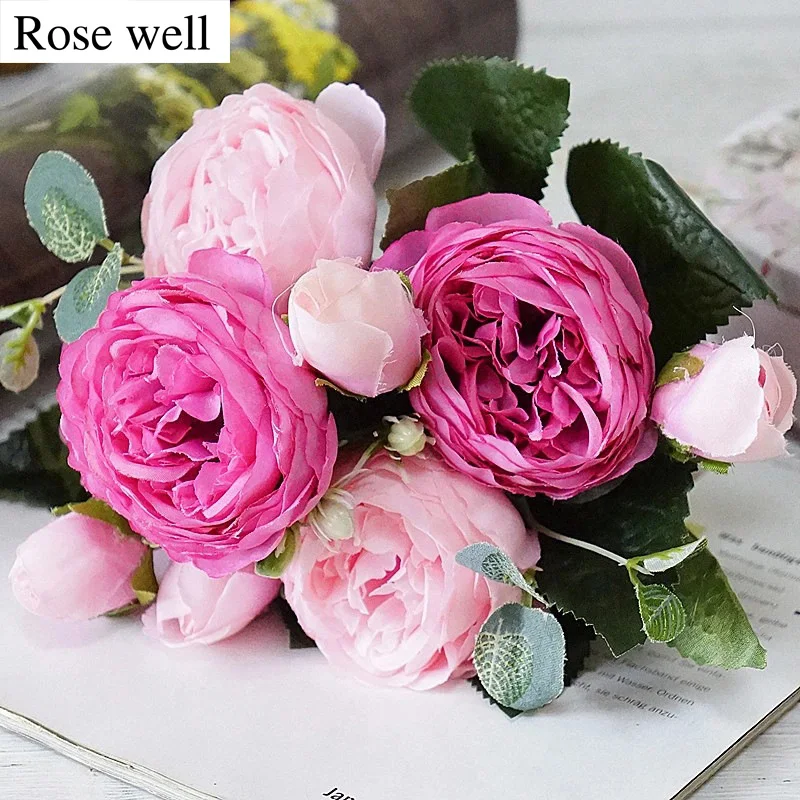 ROSEWELL, новинка, шелковые пионы, розы, искусственные цветы, букет, 5 больших головок и 4 бутона, свадебные, рождественские украшения для дома, вечерние
