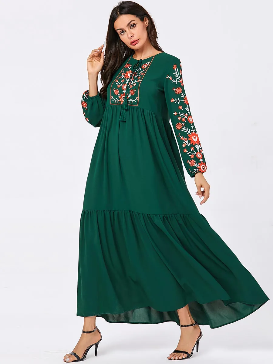 green Ice silk crepe BNSQ Модное Длинное Платье с цветочной вышивкой осеннее платье тонкое платье из плотного бархата зимнее платье из двух тканей - Color: green Ice silk crepe