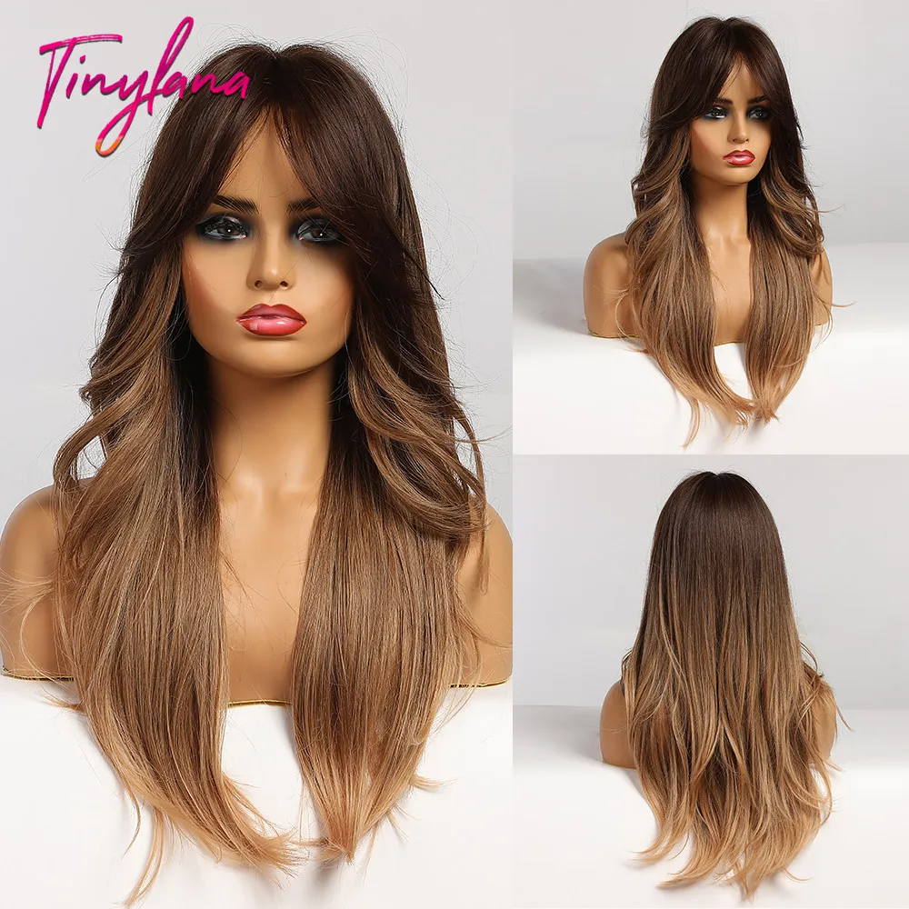TINY-pelucas onduladas de LANA para mujer, pelo largo, negro, dorado, marrón miel, con flequillo, pelucas sintéticas naturales, fibra resistente al calor para Cosplay