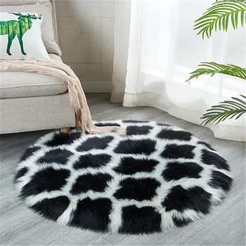

Geometric Plush Round Area Rug Room Decoration Shaggy Jacquard Faux Fur Rug Bedroom Bedside Mat Kids Room Chair Mat Cushion
