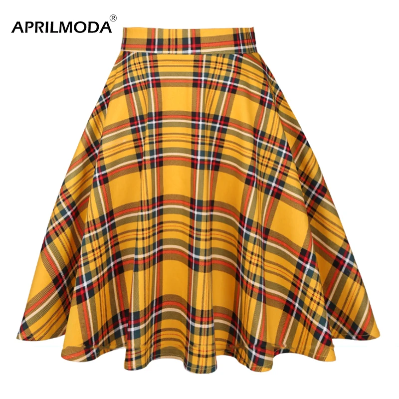 

High Waist Plaid Checkered Skirt Runway Casual 50s 60s Autumn Swing Vintage Rockabilly Long Midi Women Skater England Tutu Saias