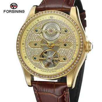 

FORSINING Golden Men's Watches Fashion Diamond Design Business Style Leather Strap Analog Dress Clock reloj hombre