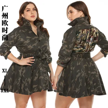 

Long Cardigan Woven Camouflage Spell Sequin Umbrella Skirt with Belt European And American-Style Plus-sized Women's Coat