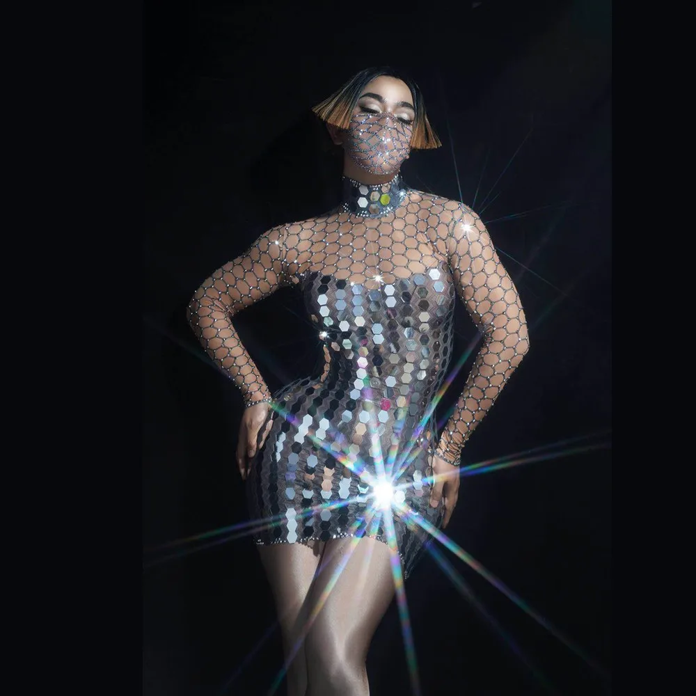 

Women Birthday Celebrate Prom Party Dresses Sexy Bar Stage Dance Show Costume Shining Rhinestones Mirror Transparent Short Dress