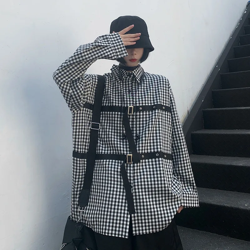 DARK 2020 Autumn Korean Ins Harajuku Style Dark Black And White Plaid Personalized Webbing Design Loose Long-sleeved Shirt