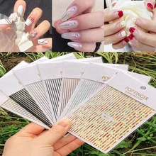 10PCs Silver Gold Lines Stripe Nail Sticker Geometric Waved Leaves Heart Self Adhesive Slider Papers Nail Art Transfer Stickers