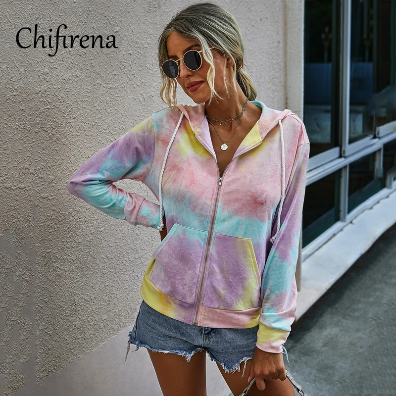 

Chifirena Fashion Tie Dye Women Coats Zip Drawstring Casual Jackets Female Autumn Long Sleeve Workout Sports Coats with hat