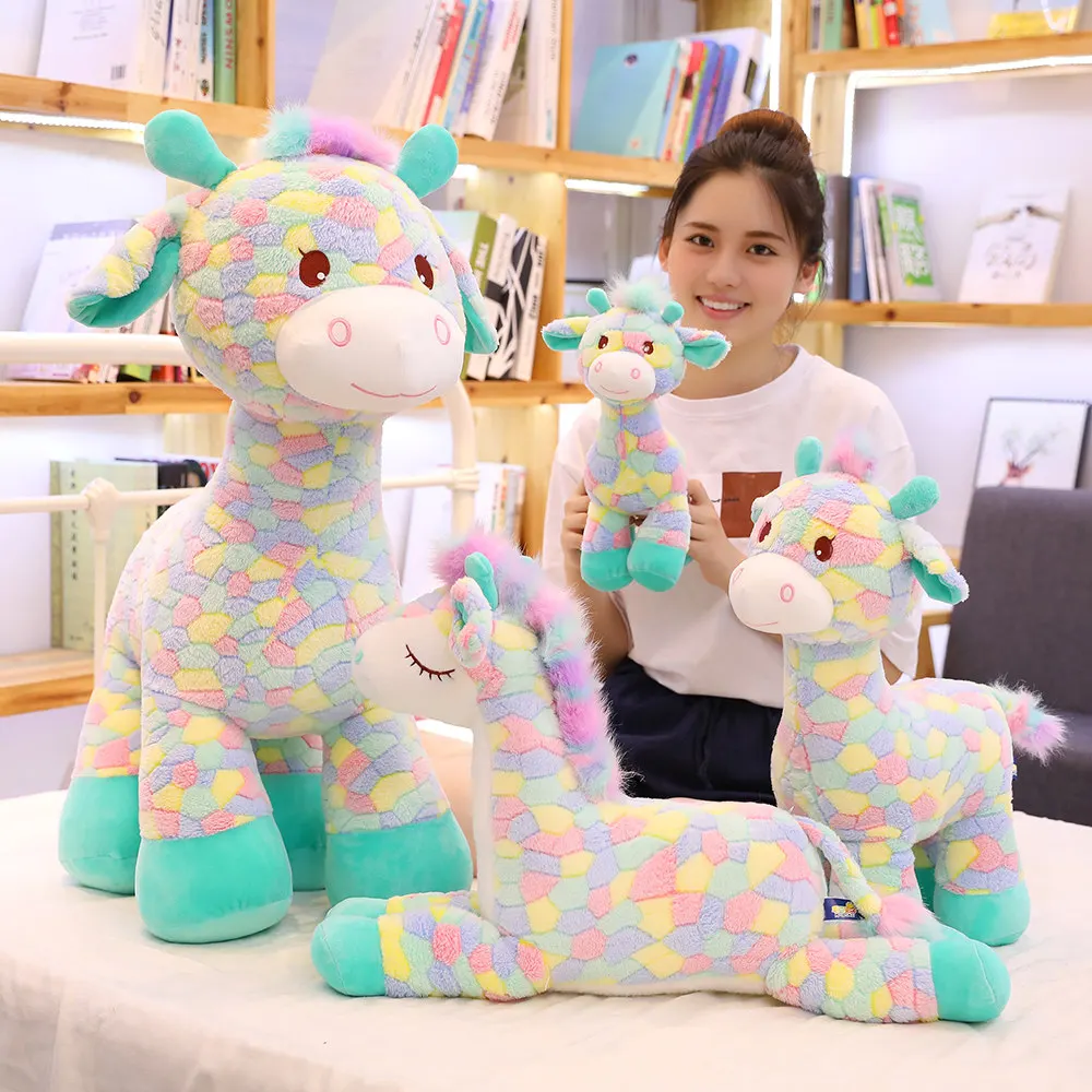 

Cute Big Giraffe Lovely Plush Soft Stuffed Animal Deer Doll Toys For Kids Christmas Gift Rainbow Stuffed Deer Colorful Doll Toys