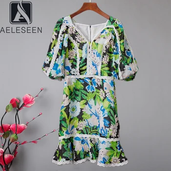 

AELESEEN Runway Fashion Spring Autumn Dress Women's Lantern Sleeve V-Neck Flower Print Lace Patchwork Mini Elegant Dress