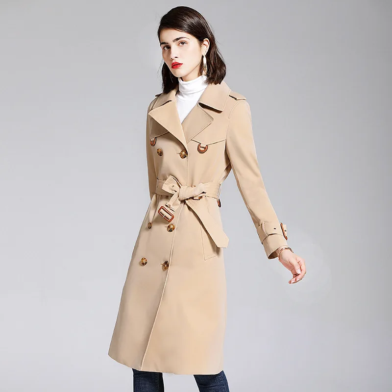 

New Mid and Long style Fall Star Wind swear Fashion with Increased Size Double row Button Kaki Color Windswear