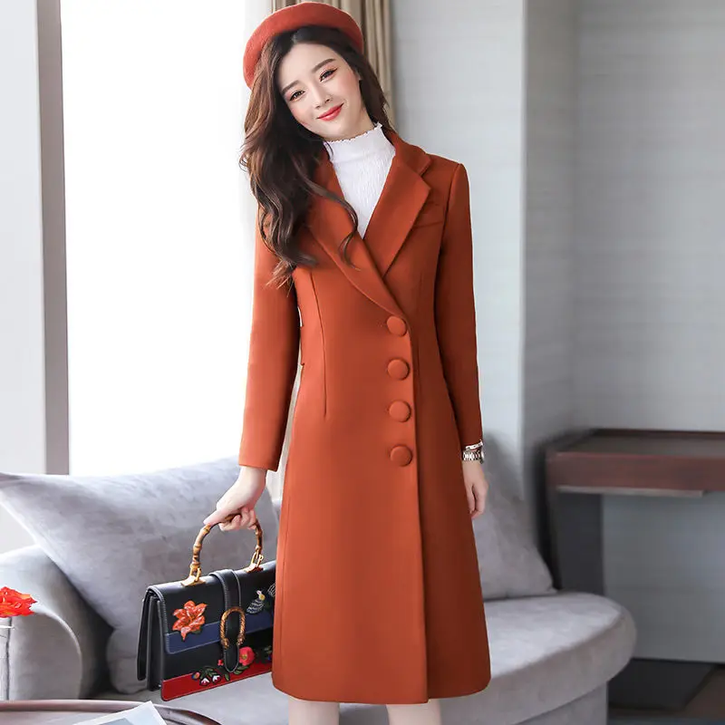 Женское Элегантное зимнее шерстяное пальто, длинное шерстяное пальто свободного размера плюс, верхняя одежда с карманом и отложным воротником