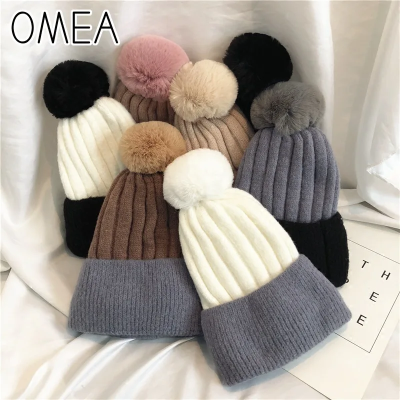 OMEA, женская зимняя шапка, флисовая подкладка, помпон, цветная, подходящая шапочка, gorros mujer invierno, мужская, подарок, искусственный мех кролика, шапка на День Благодарения