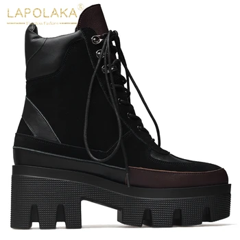 

Lapolaka Fashion New British Style Platform Ankle Boots Women's Genuine Leather Chunky High Heels Mix Color Motorcycle Boots