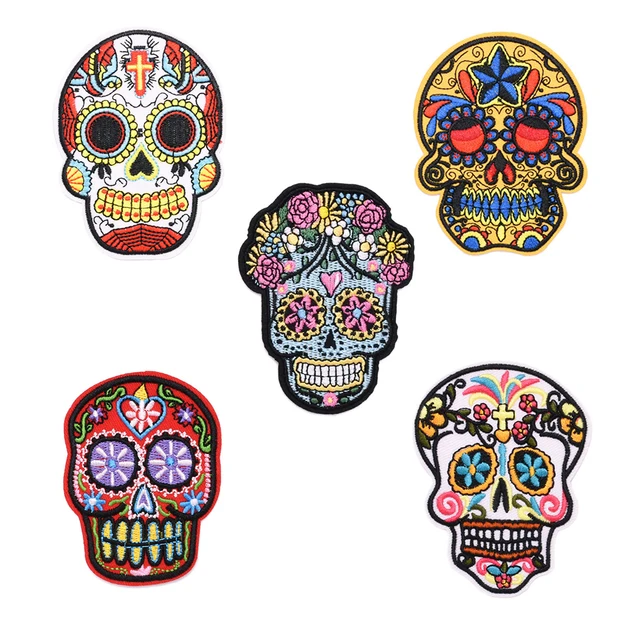 Skeleton Skull Patches For Clothing Badges Goth Gothic Embroidered Appliques Sewing Iron On Patch Tranfer Sticker For Clothes 13  5pcs