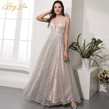 BeryLove Sparkle Elegant Formal Evening Dress 2021 Silver Champagne Gown Long Sexy Deep V Shiny Prom Dress Train robe de soirée