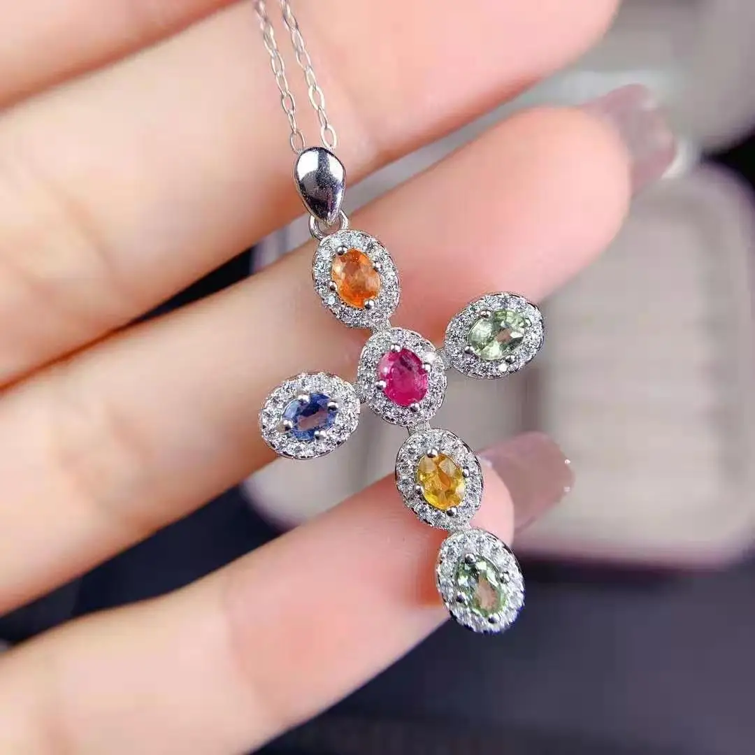 

Natural Color Sapphire Cross Pendants Necklace S925 Sterling Silver Fine Fashion Charm Jewelry Women‘s Chain MeiBaPJFS