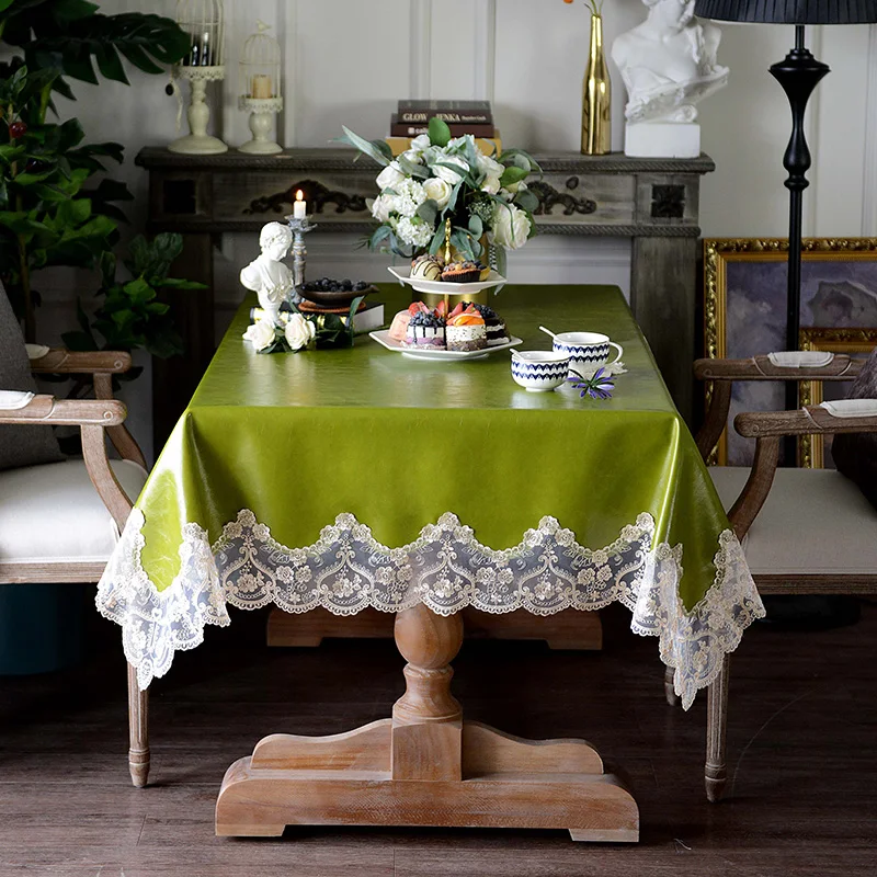 Oil Wax Leather Lace Tablecloth Waterproof Kitchen Garden Rectangular Green Party Dining Tea Table Cover Square Stain-resistant | Дом и сад