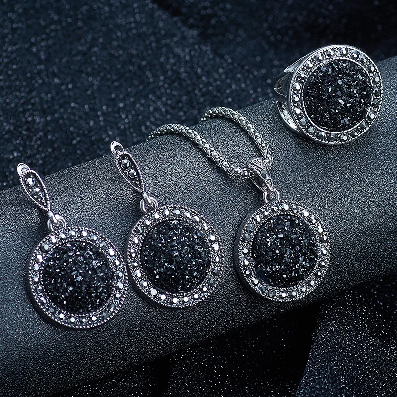 QCOOLJLY Винтаж Черный Синий Ювелирные наборы драгоценных камней для женщин античный серебряный кристалл круглый камень кулон ожерелье серьги кольцо браслет