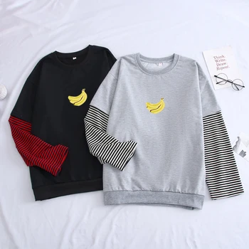 

Harajuku Loose Long Sleeve Men's Sweatshirt Autumn New Banana Print Hoodies Men's Fashion Splicing Color Pullover Fake Two-piece