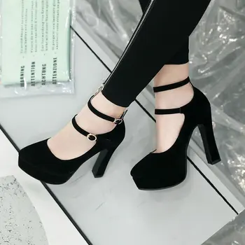 

Flock Platform Square High Heel Women Pumps Buckle Round Toe Women High Heel Shoes Wedding Women Shoes Black Red Beige Apricot