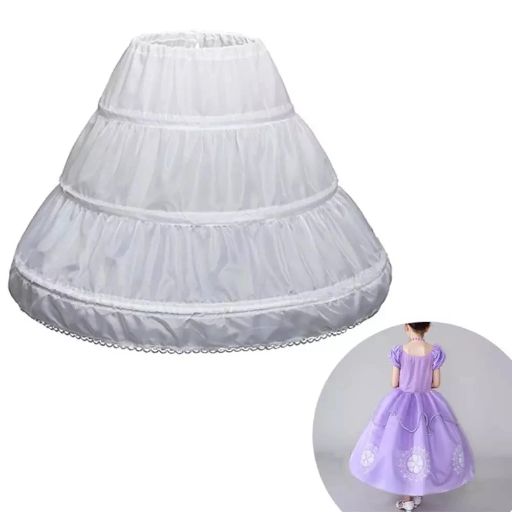 

White Children Petticoat A-Line 3 Hoops One Layer Kids Crinoline Lace Trim Flower Girl Dress Underskirt Elastic Waist Cheap