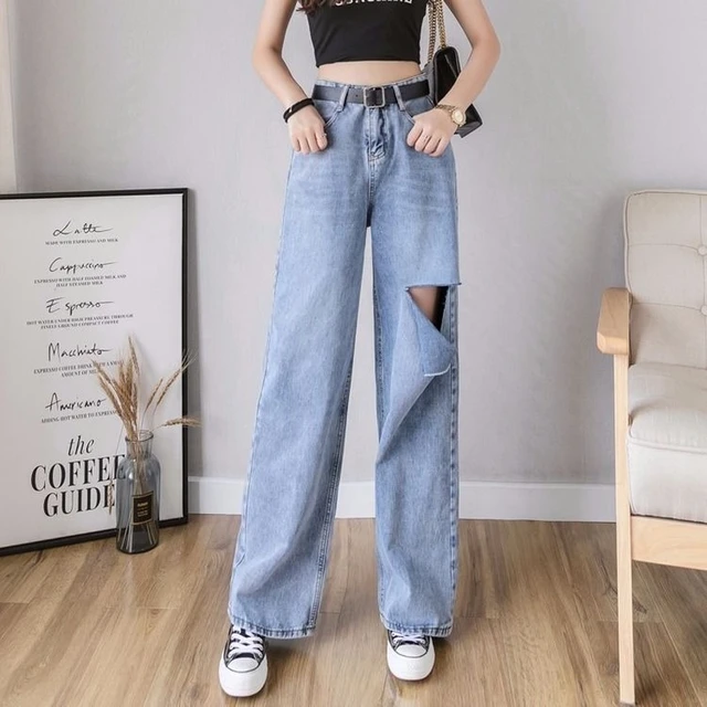 Calça jeans feminina cintura alta, rasgada, solta, casual, verão 2020, perna  larga, azul claro, moda vintage - AliExpress