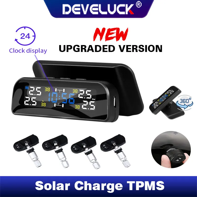 

TPMS Wireless Car Alarm Tire Pressure Monitoring System Rotation display Time Warning Solar Power Charge Inside External sensors