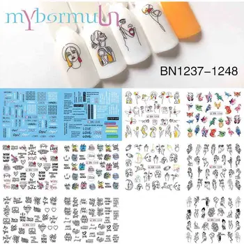 

11/12 Designs Sexy Girl Nail Water Decals Black Writing Letter Tattoos Hollow Pattern Wraps Transfer Sticker on Nails Manicure