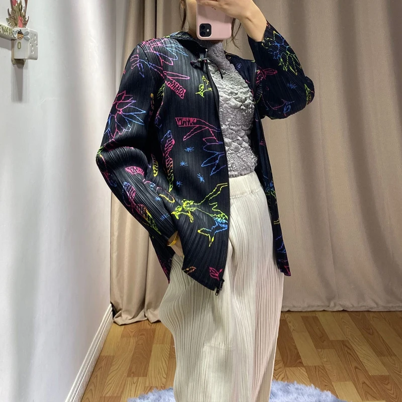 Весеннее Плиссированное пальто с капюшоном и принтом Miyake, модное приталенное пальто на молнии с длинными рукавами для женщин