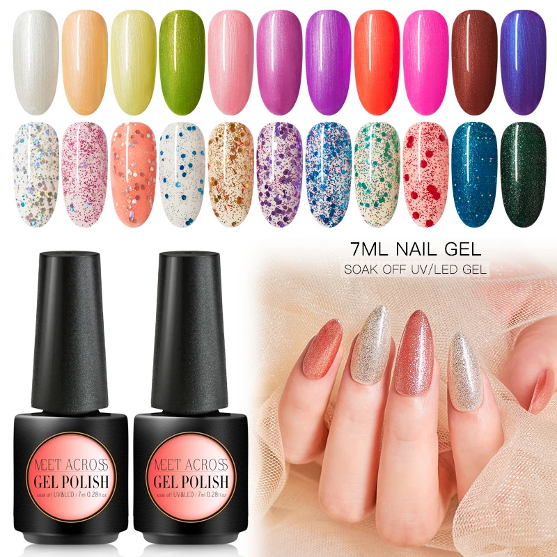 

MEET ACROSS Gel Nail Polish Hybrid Varnishes Glitter Sequins Gel Semi Permanent Nail Polish Soak Off Nail Art Gel Manicured Gel