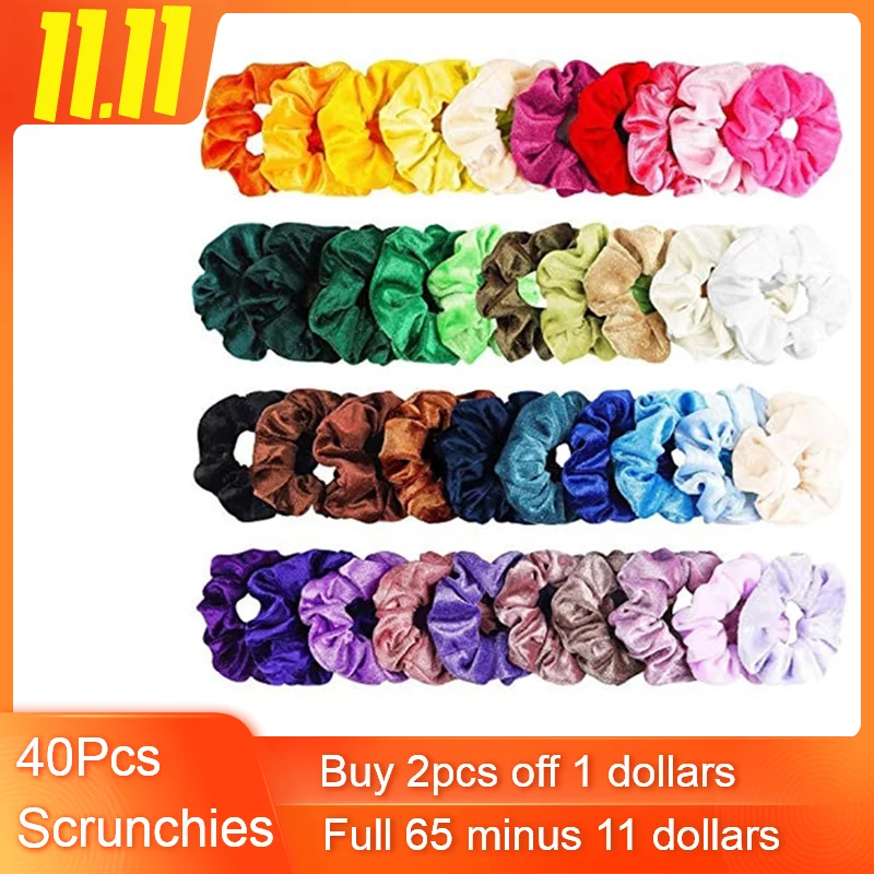 

40 Pcs Vintage Hair Scrunchies Stretchy Velvet Scrunchie Pack Women Elastic Hair Bands Girl Headwear Plain Rubber Hair Ties ##