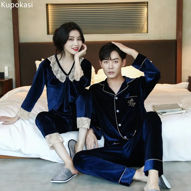 

Kupokasi Warm Velvet Women Man Pajamas Set Autumn Winter Sleepwear Long Sleeves Couple Pyjama Female Lace Nightwear