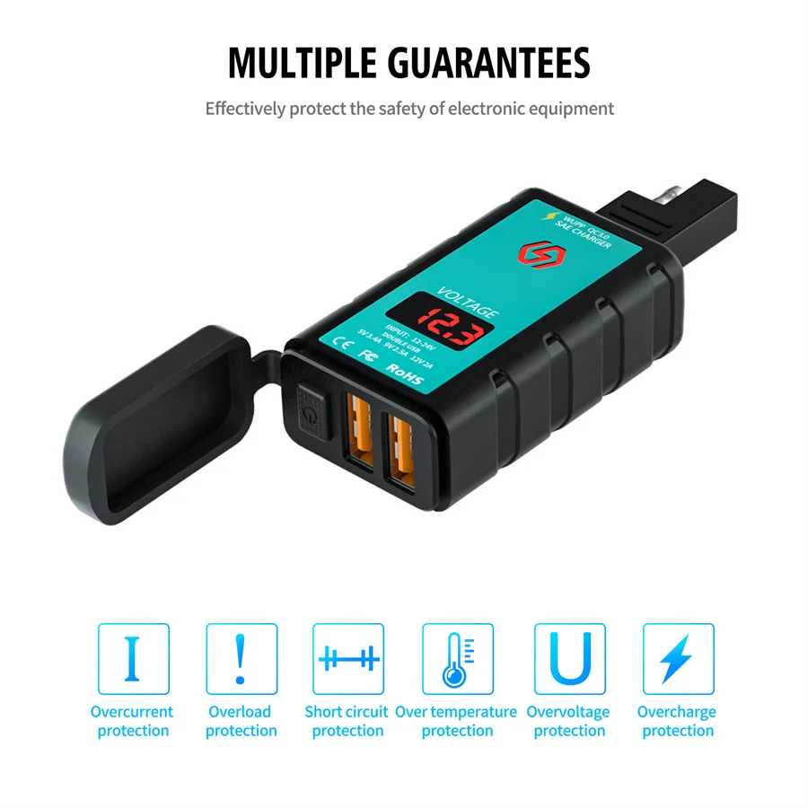 Dual USB Charger QC3.0 Fast Charger with Voltmeter Power Switch integrated Motorcycle SAE socket 1.4 M OT Terminal Cable