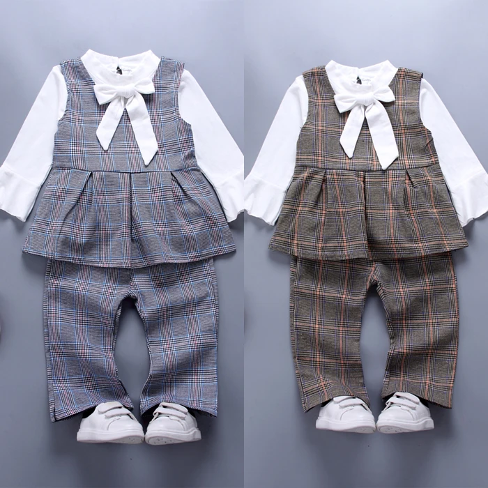 Модная официальная одежда для маленьких девочек Однотонная футболка с длинным рукавом, топы+ клетчатое платье-жилет+ штаны, осенний комплект одежды из 3 предметов