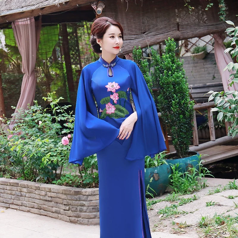 Королевский синий современный китайский традиционный платье дамы Cheongsam стиль
