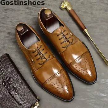 

Dress Shoes Men Genuine Leather Black Brown Brogues Derby Shoes Carved Capped Toe Breathable Formal Shoes Lace-up Pointed Toe