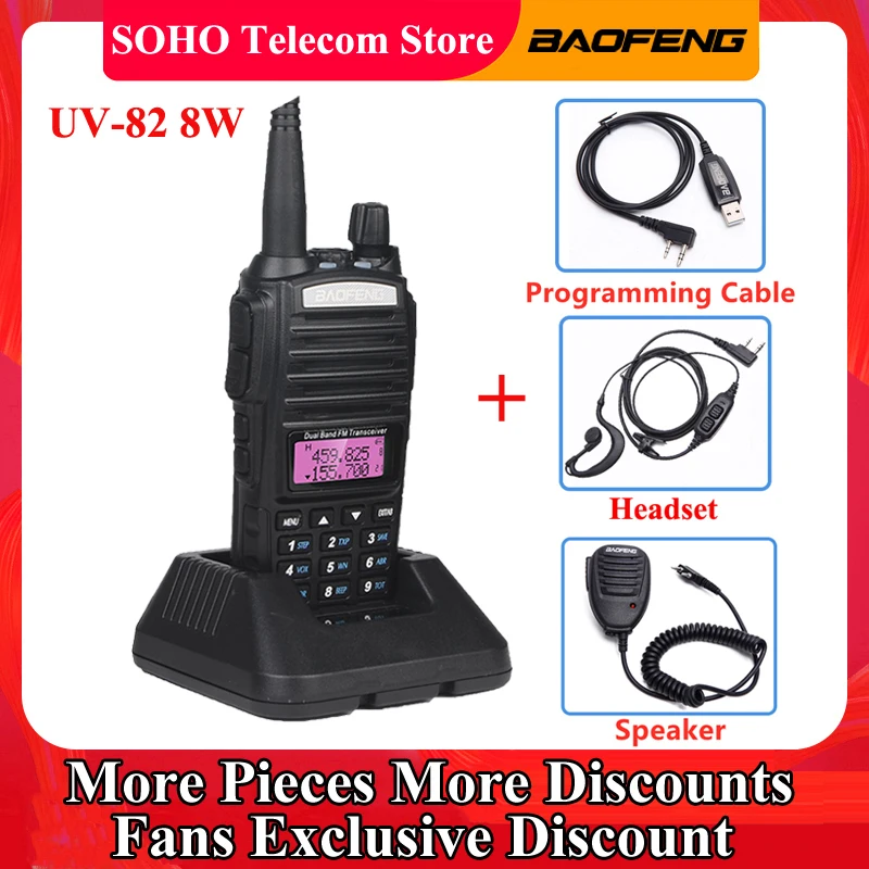 Baofeng-walkie-talkie UV-82, Radio portátil de dos vías, VHF, UHF, banda Dual, botón PTT, Recargable, 8W, 10KM de alcance, 128CH
