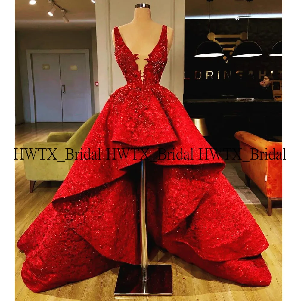 

Plus Size Red Lace Evening Dress 2020 Custom Made High Low Sleeveless Arabic Dubai Long Formal Party Evening Gown Robe de soiree