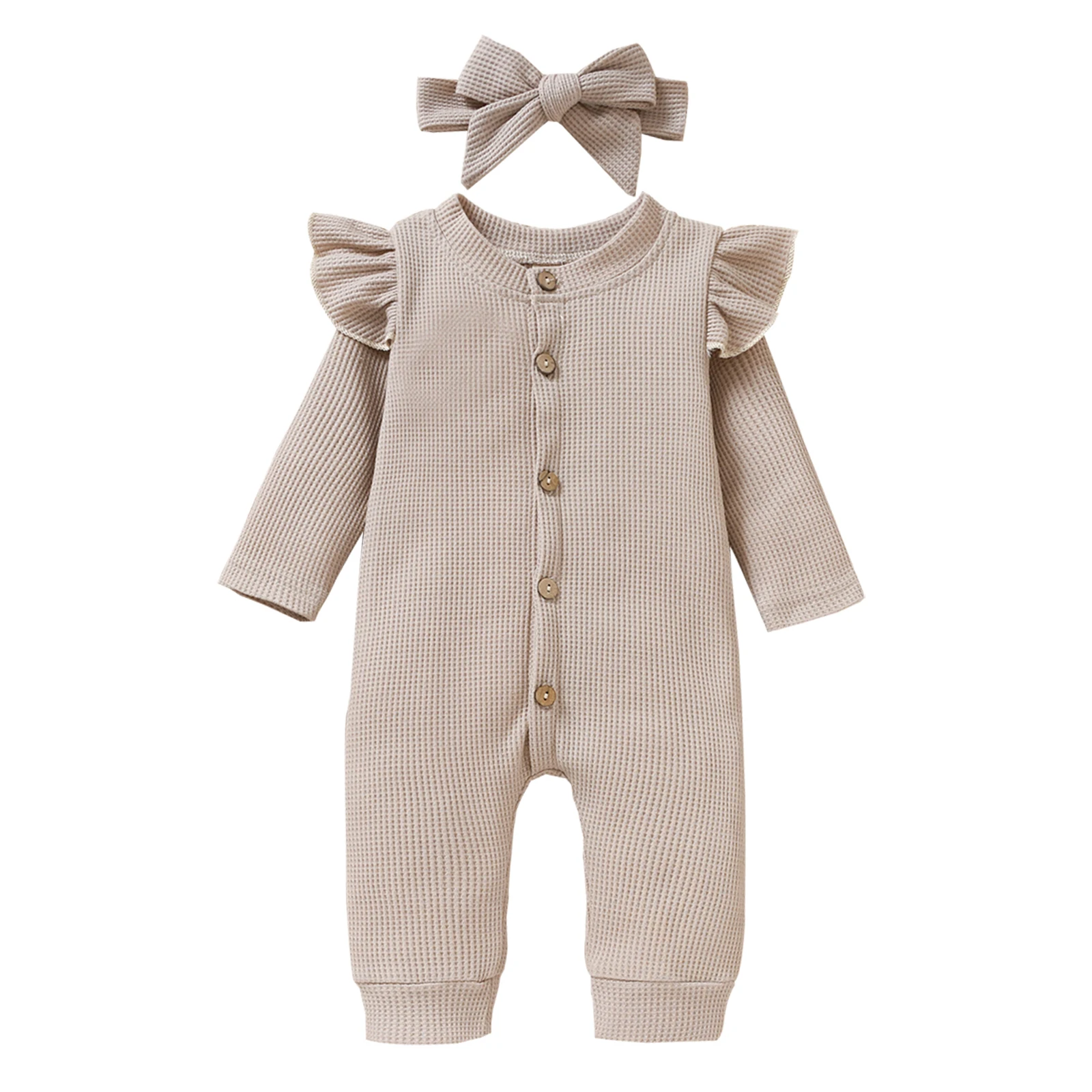 Cotton baby suit Infant Baby Girls Jumpsuit with Headband, Long Sleeve Button Closure Jumpsuit with Bowknot Hairband bulk baby bodysuits	 Baby Rompers